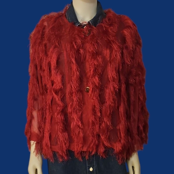 COLLEEN LOPEZ Hot Pink Shaggy Flapper Fringe Mesh Jacket - Picture 1 of 11